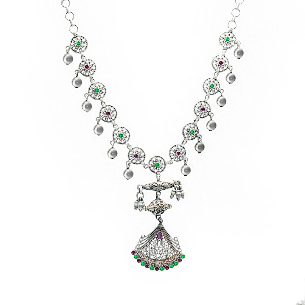 925 Pure Silver Antique Elegant Necklace | Oxidized Silver Long Coin Necklace : NL1025A