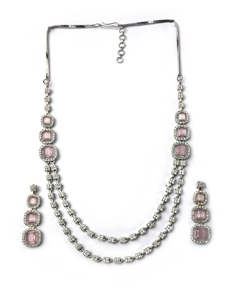 Silver-Plated American Diamond Studded Layered Jewellery Set : AD140PINK