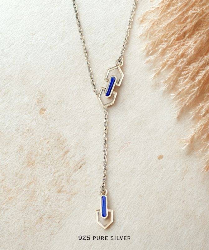 925 Pure Oxidised Silver Y Emma Neckalce With Blue Enamel : NK001