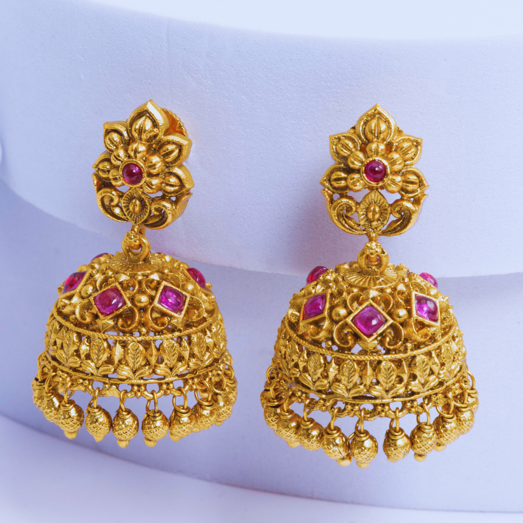South Indian Temple Jewellery Bridal Jhumka Earrings In Antique Gold Finish : R-1297