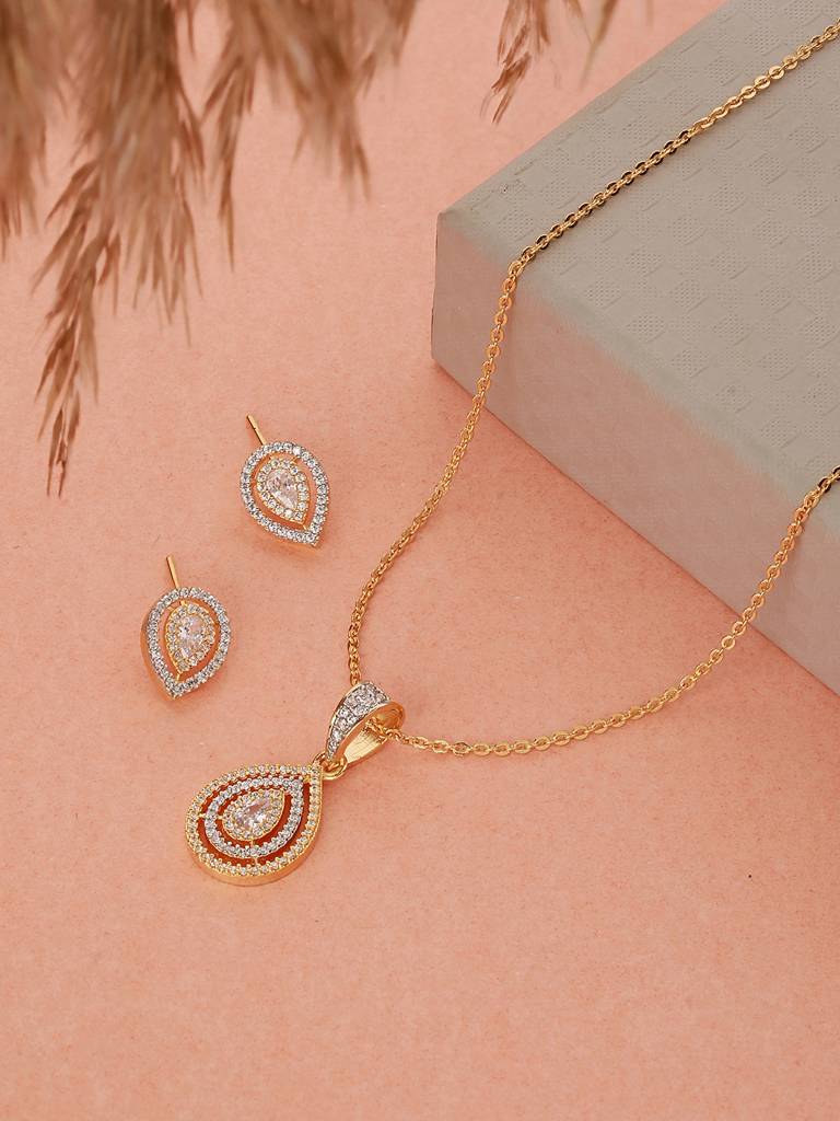 Gold Toned Cz Studded Tilak Shaped Minimal Locket Jewellery Set : SJLK2300