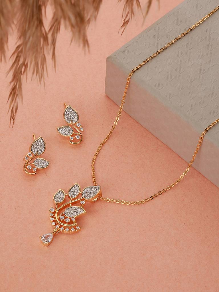 Gold Plated Cz Floral Minimal Locket Jewellery Set Gold Plated