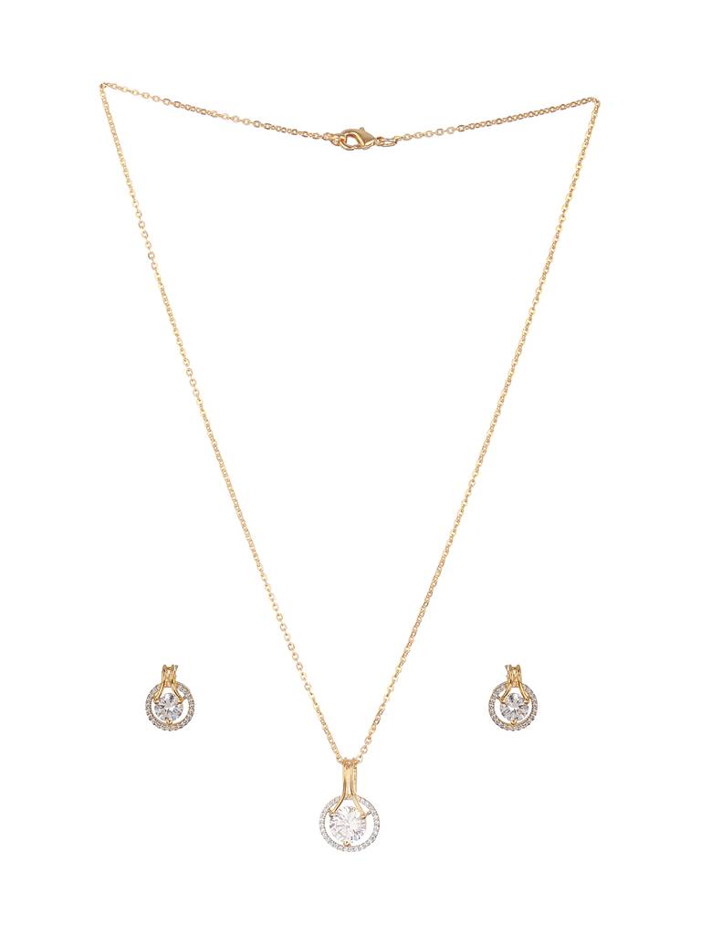 Gold Toned Solitaire Ad Studded Minimal Locket Jewellery Set : SJLK2302