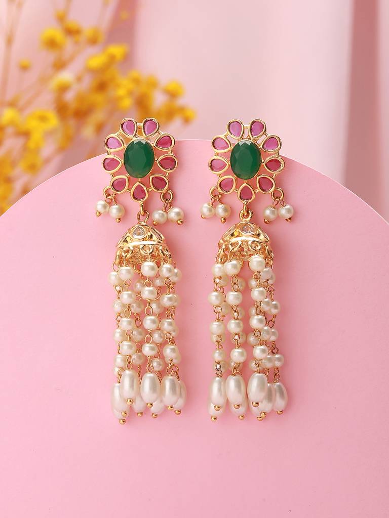 Gold Plated Red Green Ad Pearl Lightweight Jhumka Earrings Gold