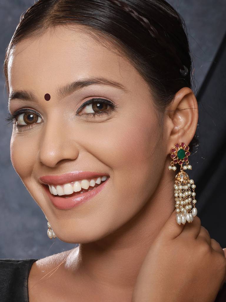 Gold Plated Red Green Ad Pearl Lightweight Jhumka Earrings : SJER2306
