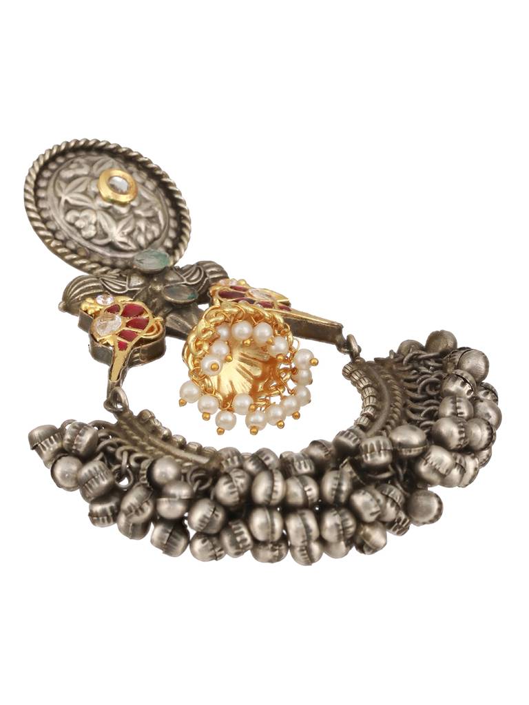 Silver Oxidised Kundan Studded Fusion Large  Chandbali  Earrings : SJER2309
