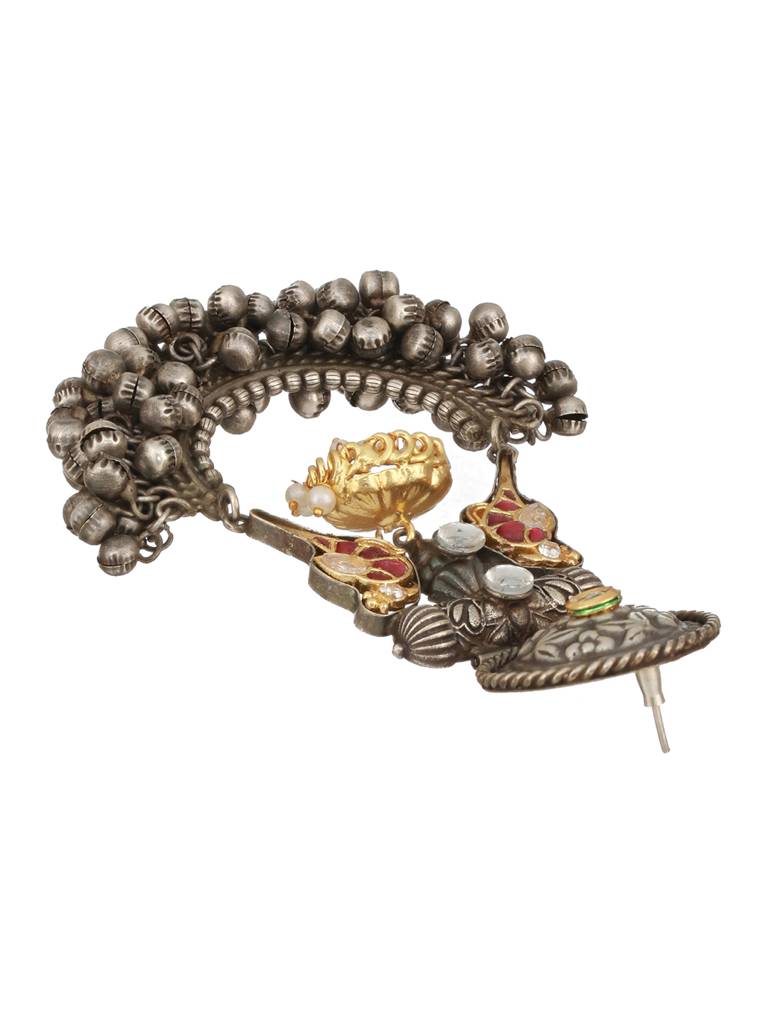 Silver Oxidised Kundan Studded Fusion Large  Chandbali  Earrings : SJER2309