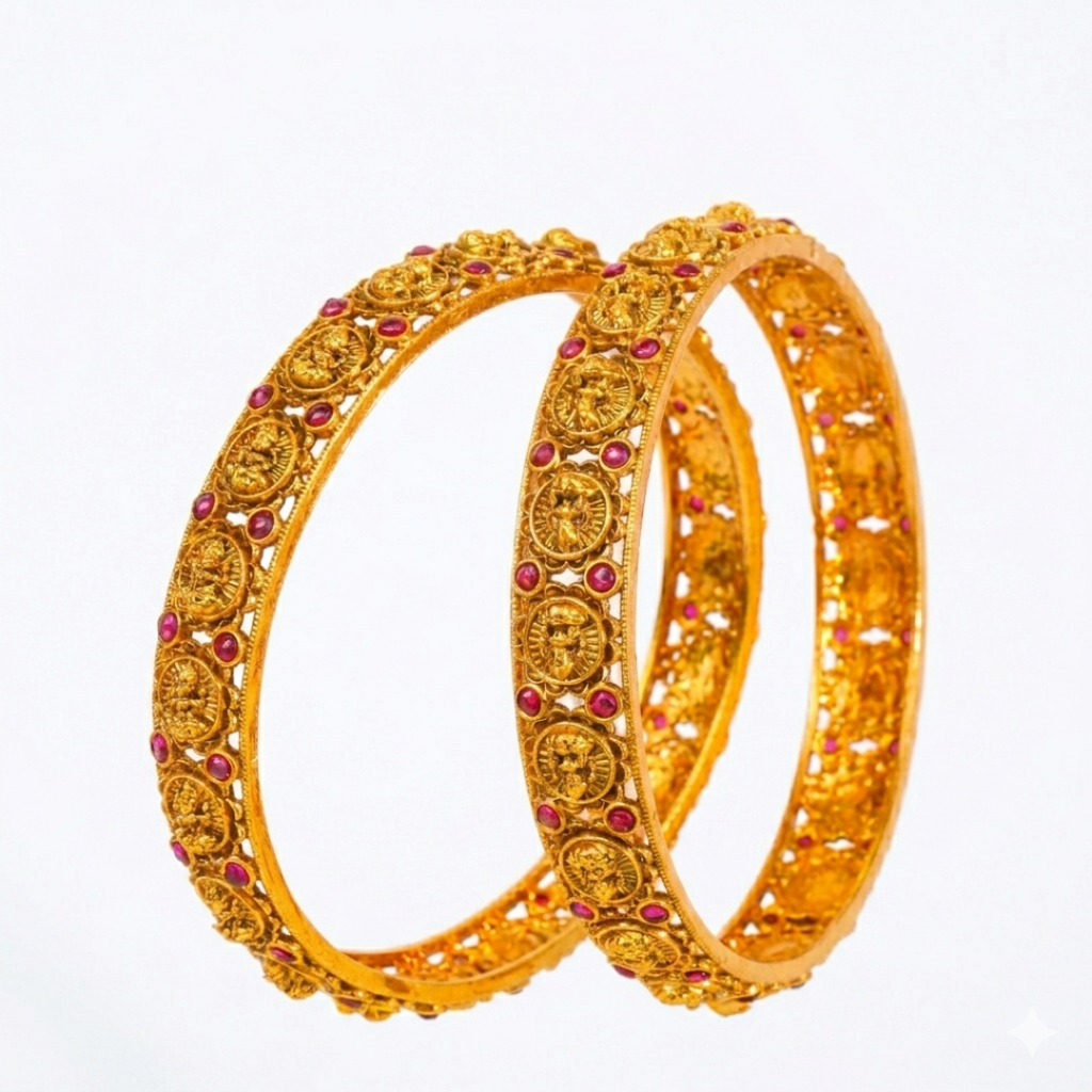 Antique Lakshmi Coin Medallion Ruby Paired Bangle | 1 Gram Gold-Plated : V-2482
