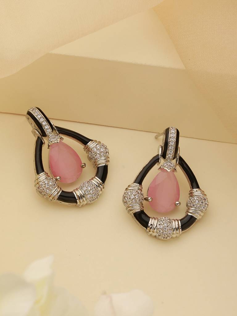 Black Enamelled Pink Ad Minimal Tear Shaped Designer Earrings : SJER2312