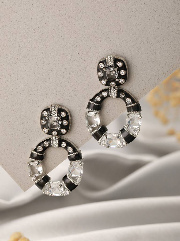 Black Enamelled White Ad Studded Minimal Designer Chandbali Earring : SJER2313