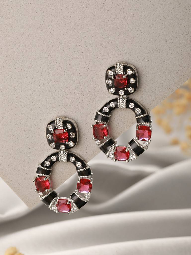 Black & Red Ad Studded Designer Minimal Hoop Earring : SJER2314