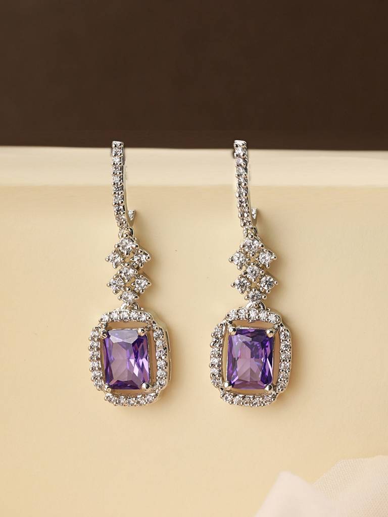 Silver Plated Lavender Ad Studded Minimal Officewear Drop Earrings : SJER2316