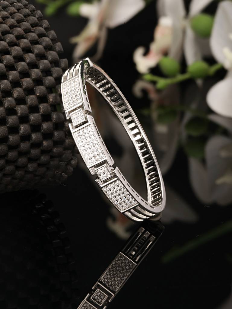 Silver Toned Ad Studded Designer Sleek Kada Bracelet : SJBR2319
