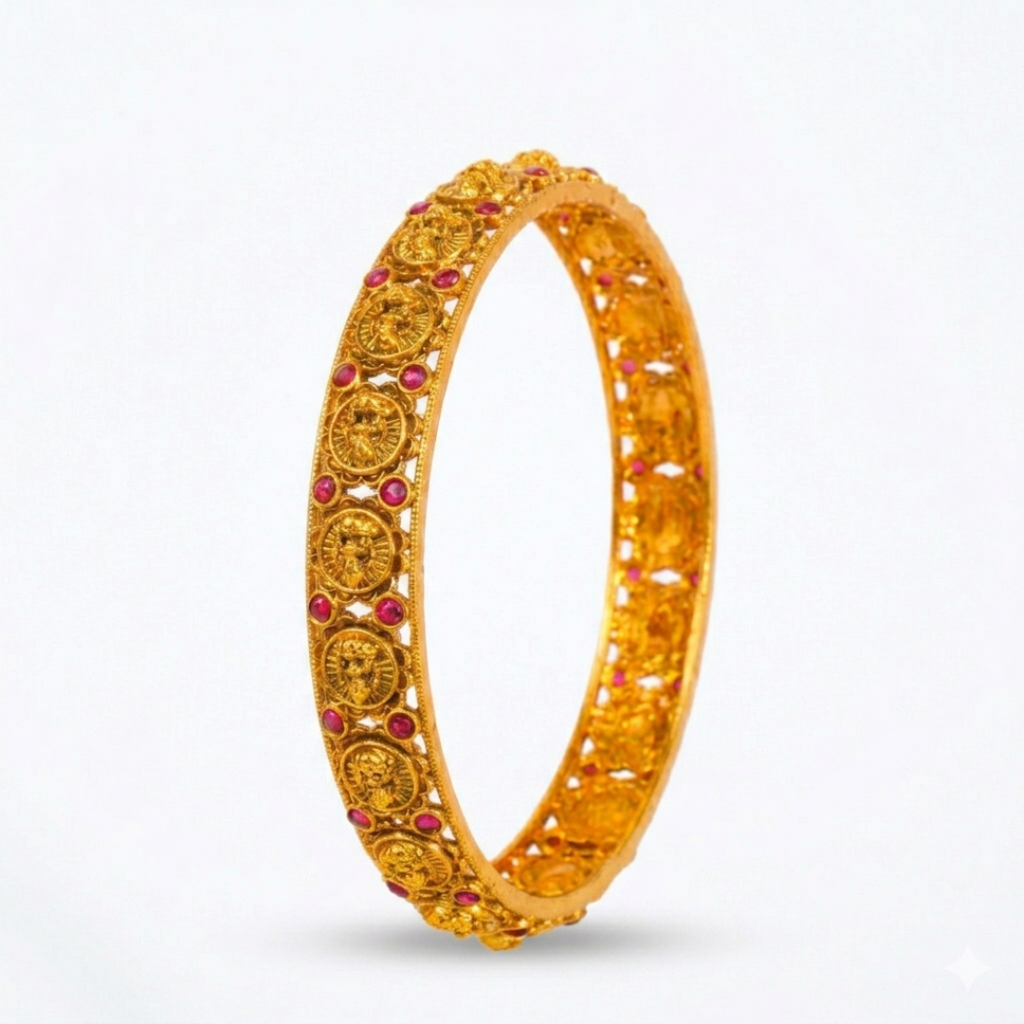 Antique Lakshmi Coin Medallion Ruby Paired Bangle | 1 Gram Gold-Plated : V-2482