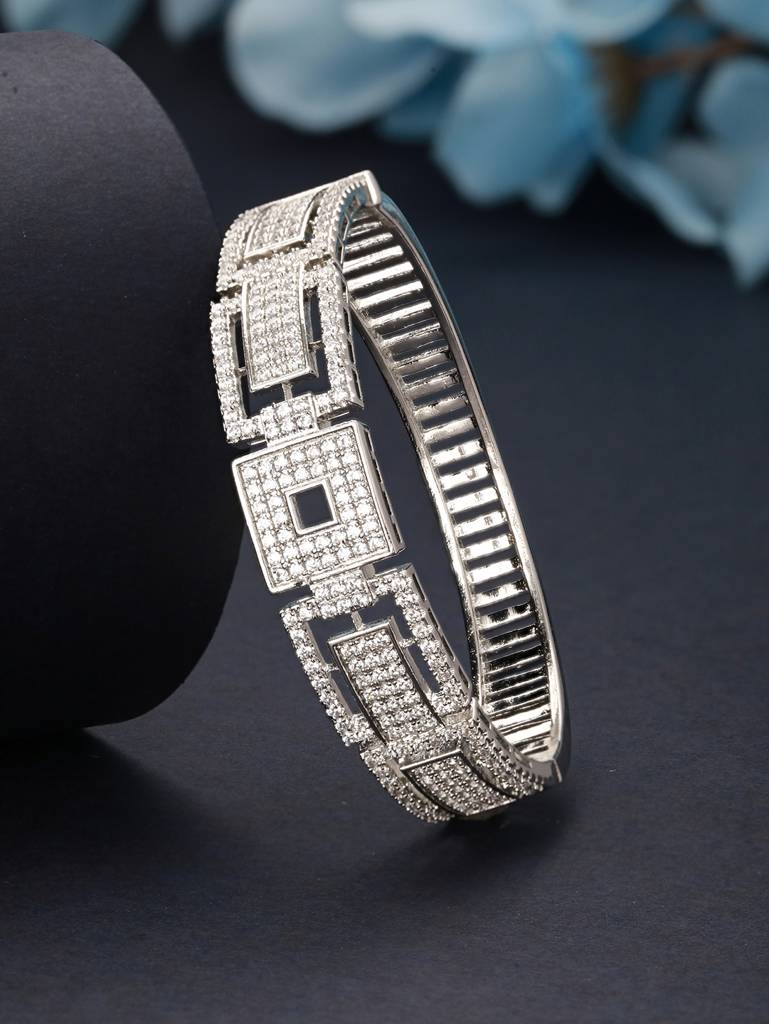 Silver Toned Cz Studded Luxe Trendy Bangle Kada Bracelet : SJBR2320