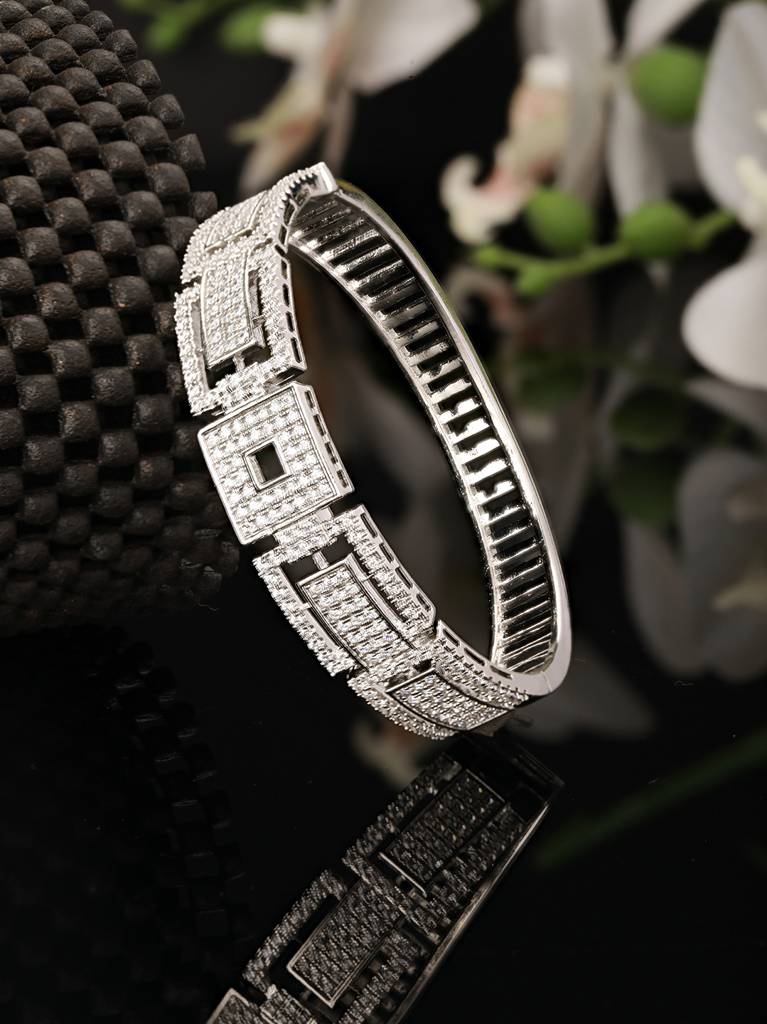 Silver Toned Cz Studded Luxe Trendy Bangle Kada Bracelet : SJBR2320