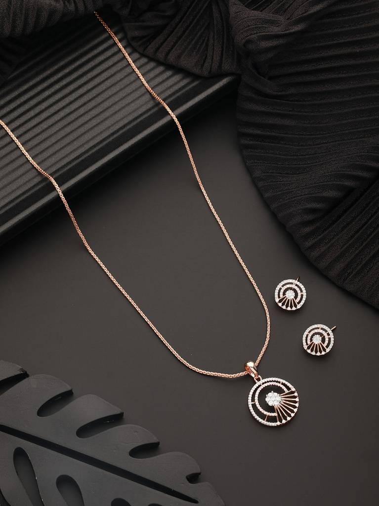 Rose Plated Ad Studded Minimal Officewear Locket Jewellery Set : SJLK2321