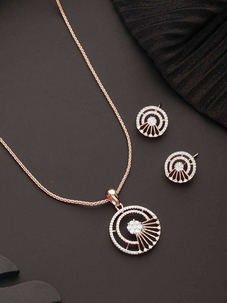 Rose Plated Ad Studded Minimal Officewear Locket Jewellery Set : SJLK2321