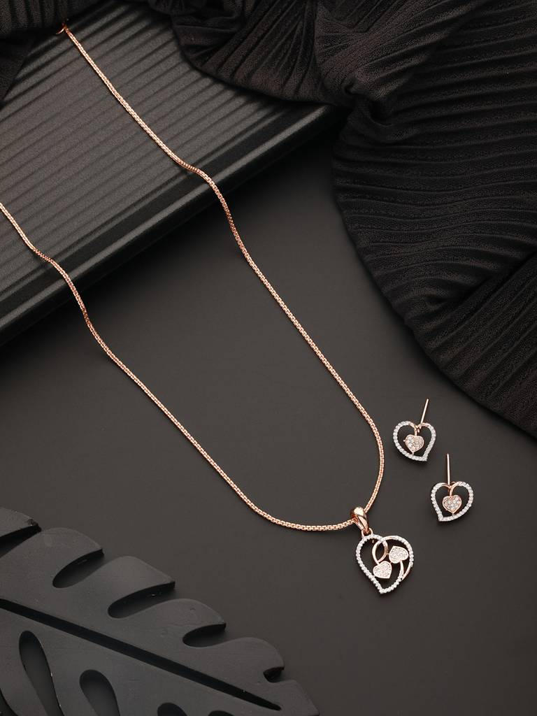 Rose Gold Toned Ad Heart Shaped Minimal Dailywear Locket Jewellery Set : SJLK2323