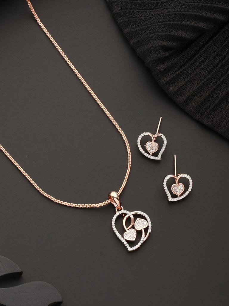 Rose Gold Toned Ad Heart Shaped Minimal Dailywear Locket Jewellery Set : SJLK2323
