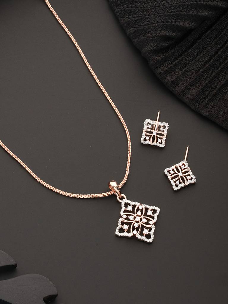 Rose Gold Plated Ad Minimal Officewear Delicate Pendant Jewellery Set : SJLK2324