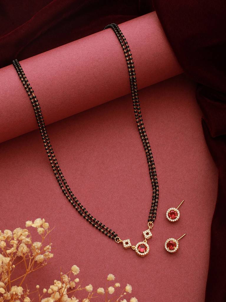Gold Toned Ruby Red Ad Minimal Mangalsutra Jewellery Set : SJMS2326