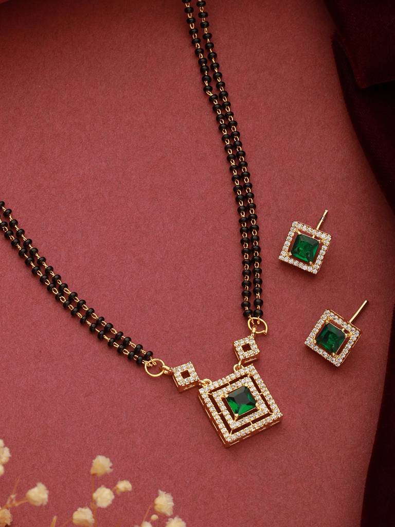 Gold Polish Green Zircon Minimal Officewear Mangalsutra Jewellery Set : SJMS2327