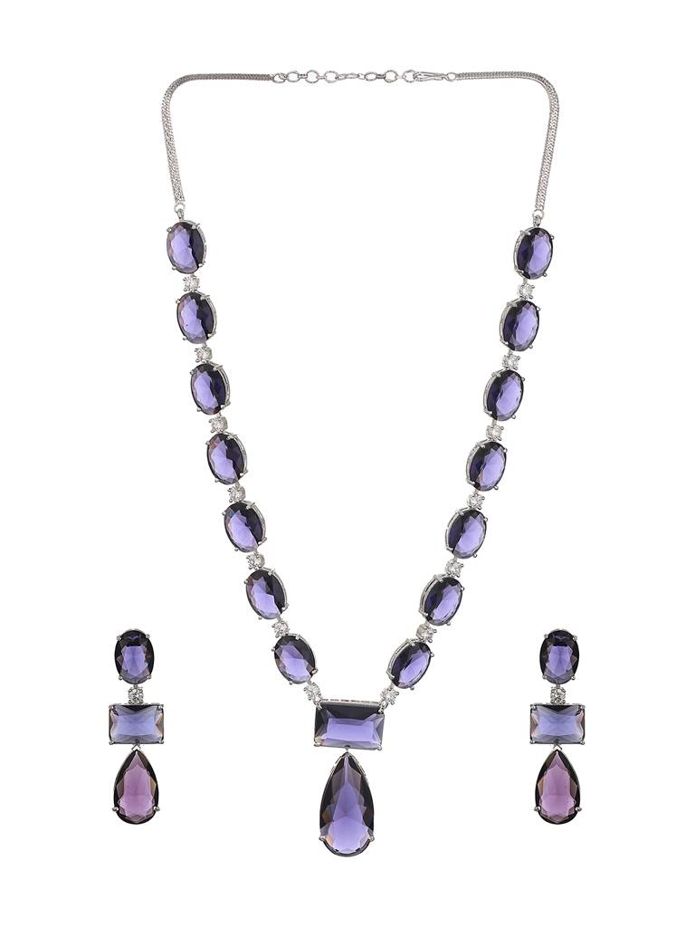Silver Toned Blue Amethyst Doublet Studded Luxe Designer Necklace Jewellery Set : SJNK2328