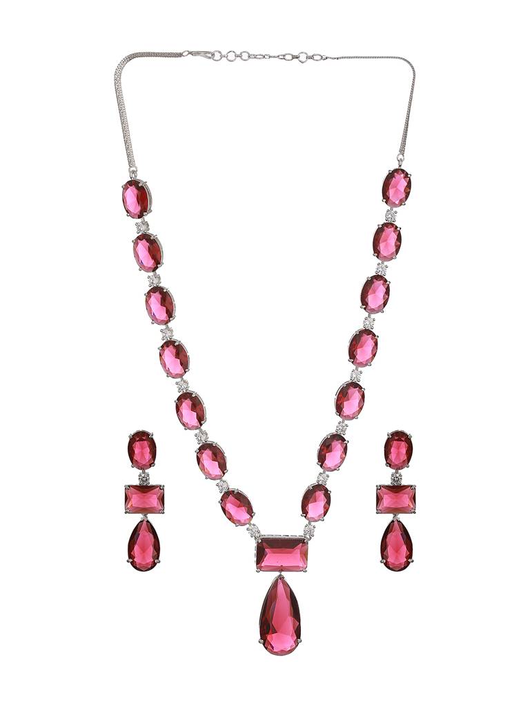 Silver Toned Red Ruby Designer Patywear Necklace Jewellery Set : SJNK2329