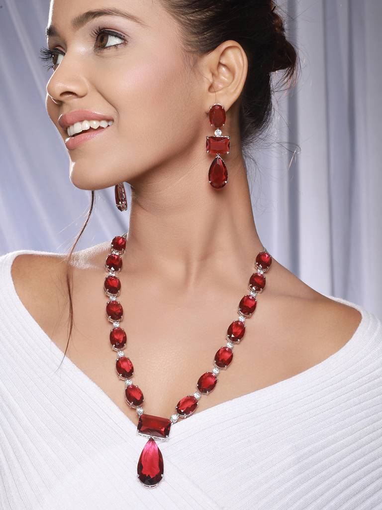 Silver Toned Red Ruby Designer Patywear Necklace Jewellery Set : SJNK2329