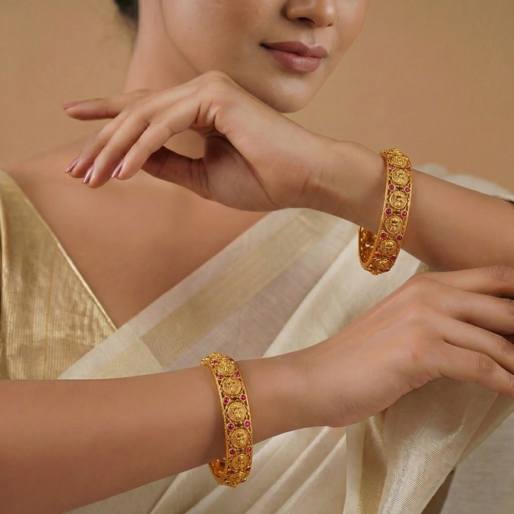 Antique Lakshmi Coin Medallion Ruby Paired Bangle | 1 Gram Gold-Plated : V-2482