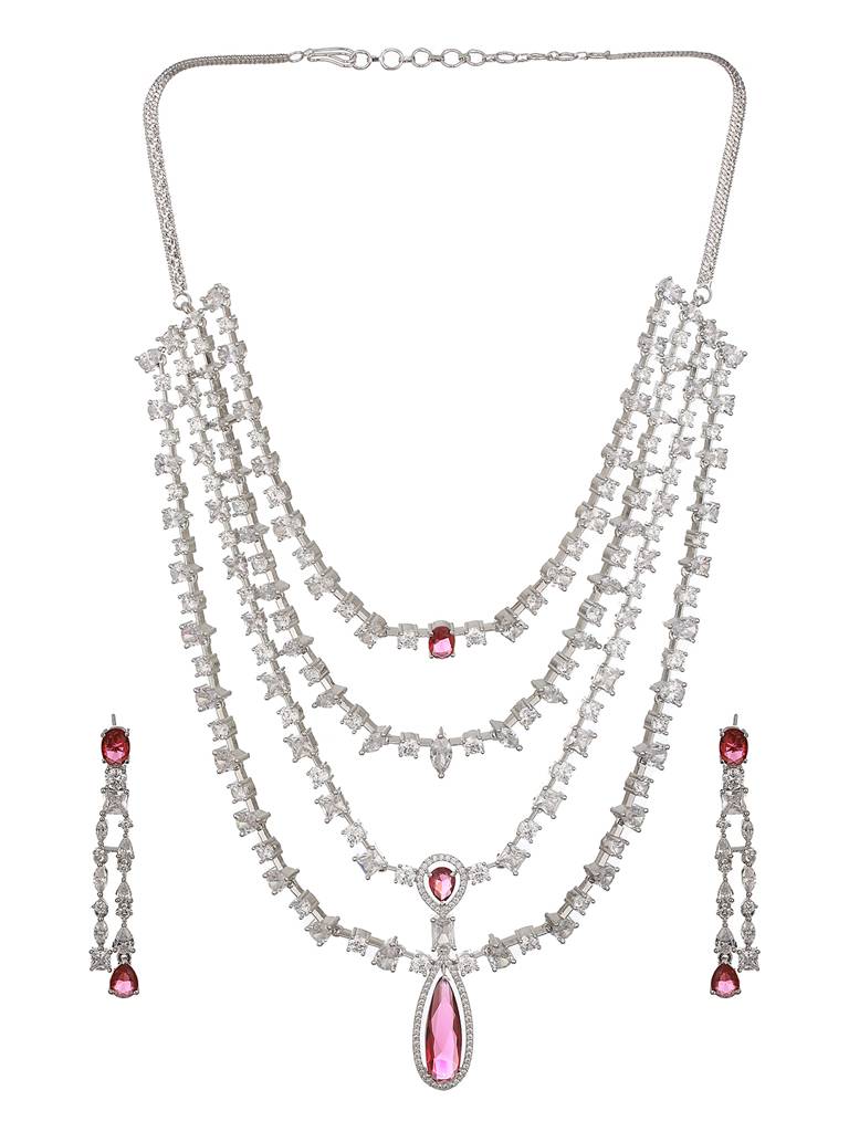 Silver Toned Red Ad Multilayered Designer Bridal Jewellery Set : SJNK2330