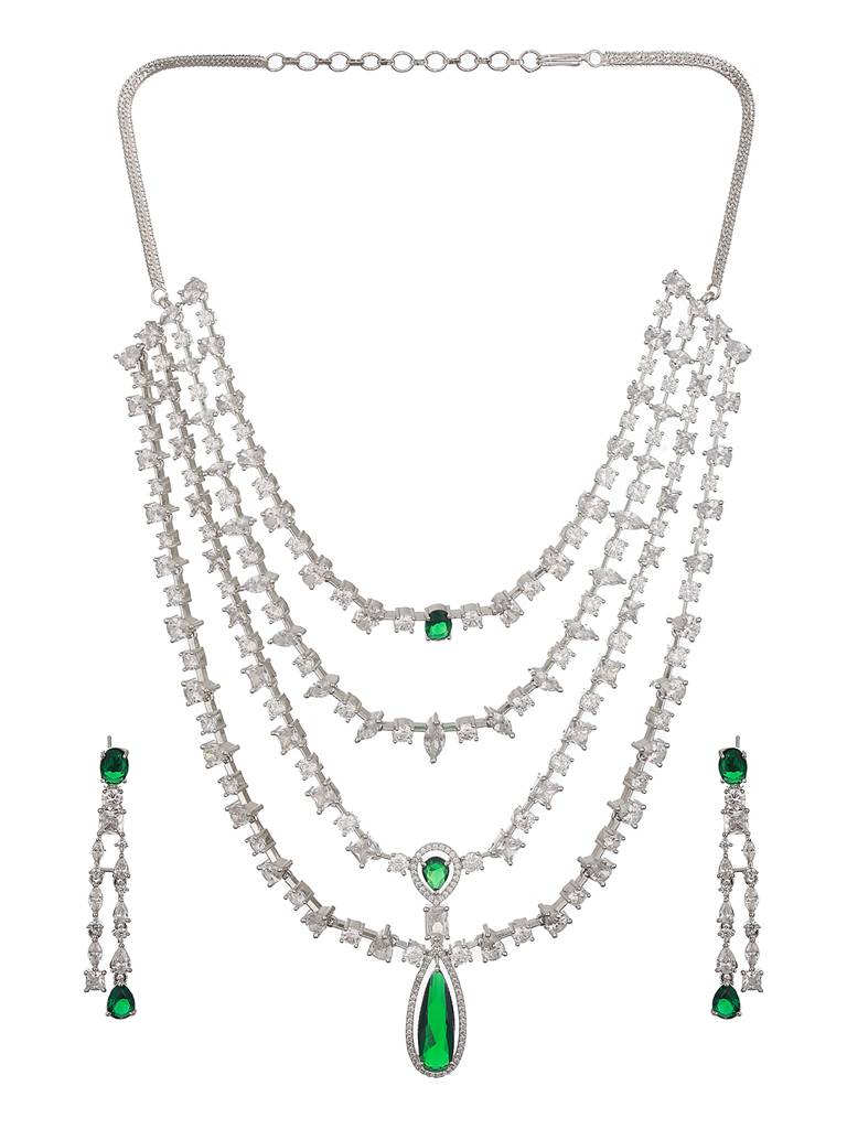 Silver Plated Green Ad Multilayered Luxe Bridal Jewellery Set : SJNK2331