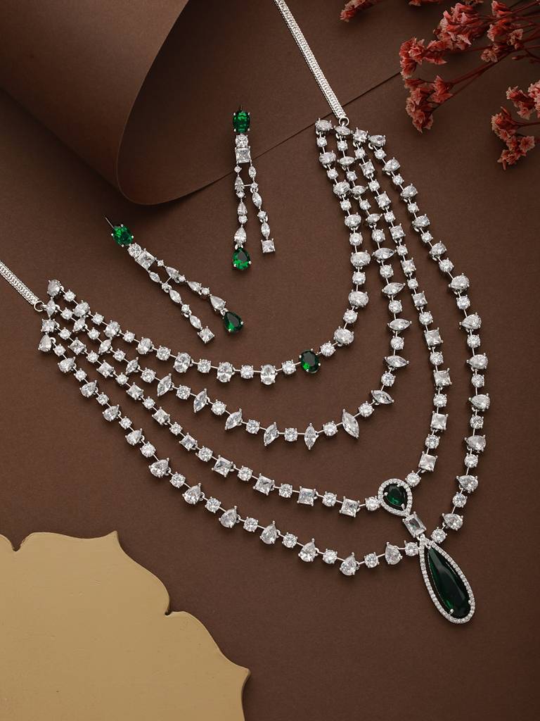 Silver Plated Green Ad Multilayered Luxe Bridal Jewellery Set : SJNK2331