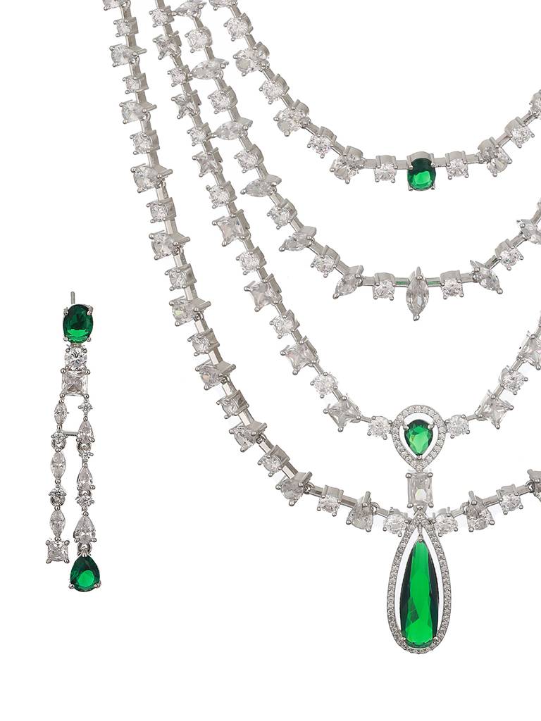 Silver Plated Green Ad Multilayered Luxe Bridal Jewellery Set : SJNK2331
