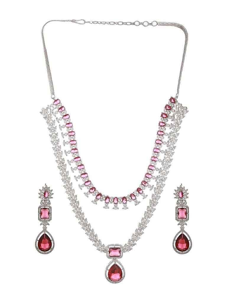 Silver Plated Red Ruby Studded Double Lined Modern Bridal Jewellery Set : SJNK2333