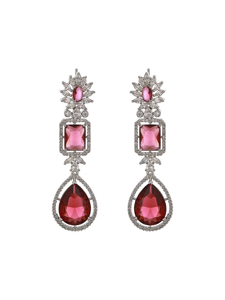 Silver Plated Red Ruby Studded Double Lined Modern Bridal Jewellery Set : SJNK2333