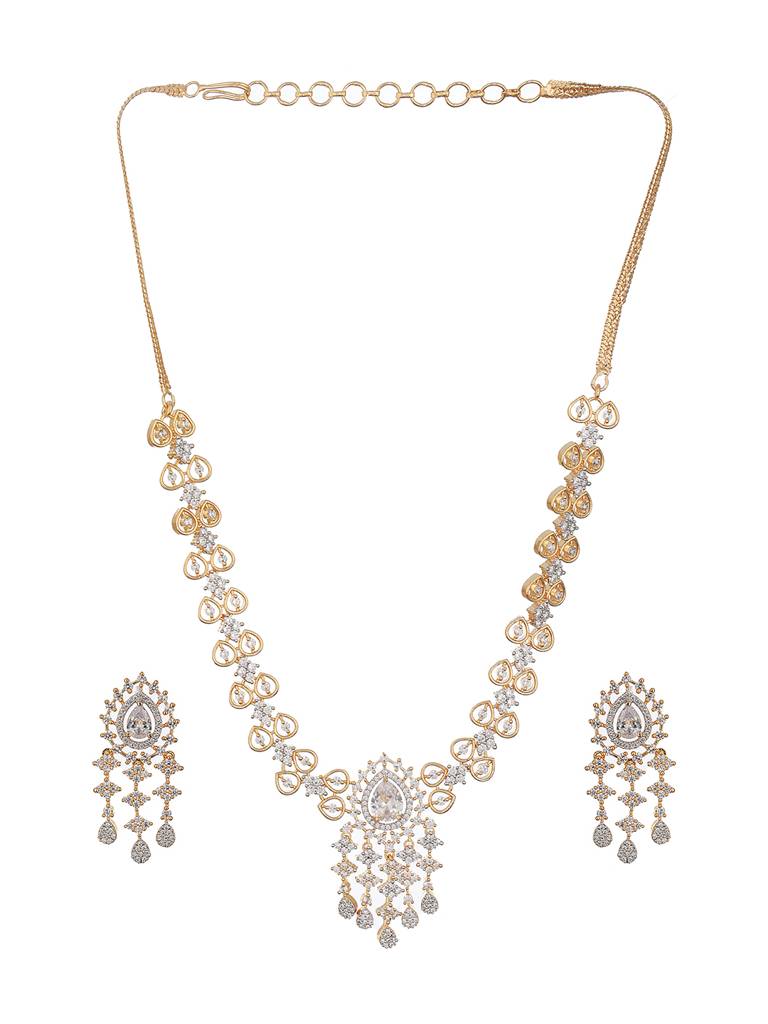 Gold Toned Ad Studded Minimal Floral Delicate Pendant Jewellery Set : SJNK2334