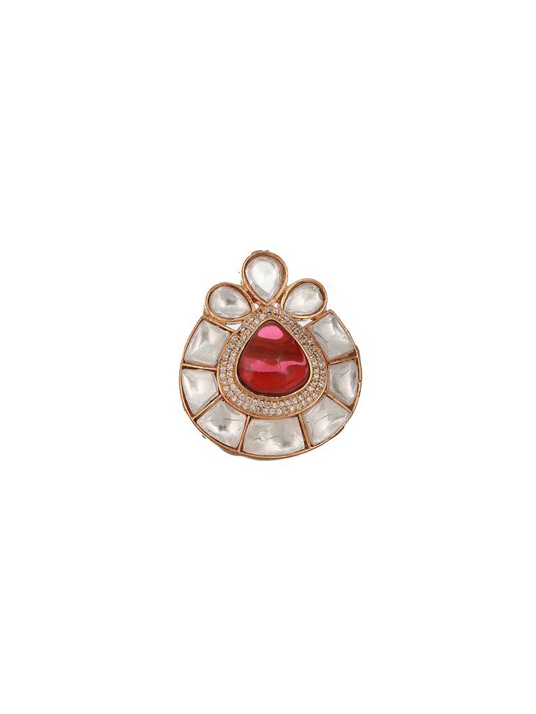 Gold Toned Red Polki Kundan Luxe Adjustable Engagement Finger Ring : SJRG2335