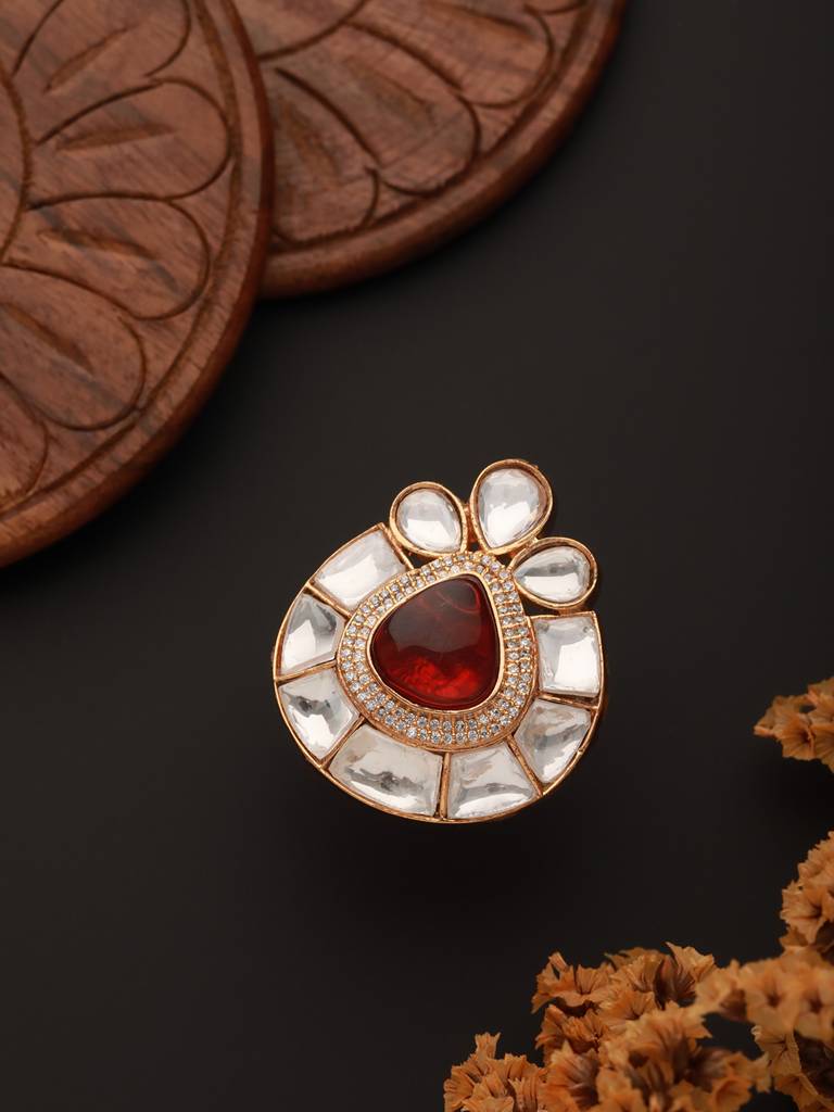 Gold Toned Red Polki Kundan Luxe Adjustable Engagement Finger Ring : SJRG2335