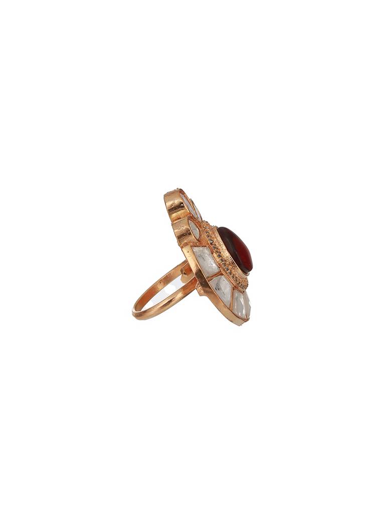 Gold Toned Red Polki Kundan Luxe Adjustable Engagement Finger Ring : SJRG2335