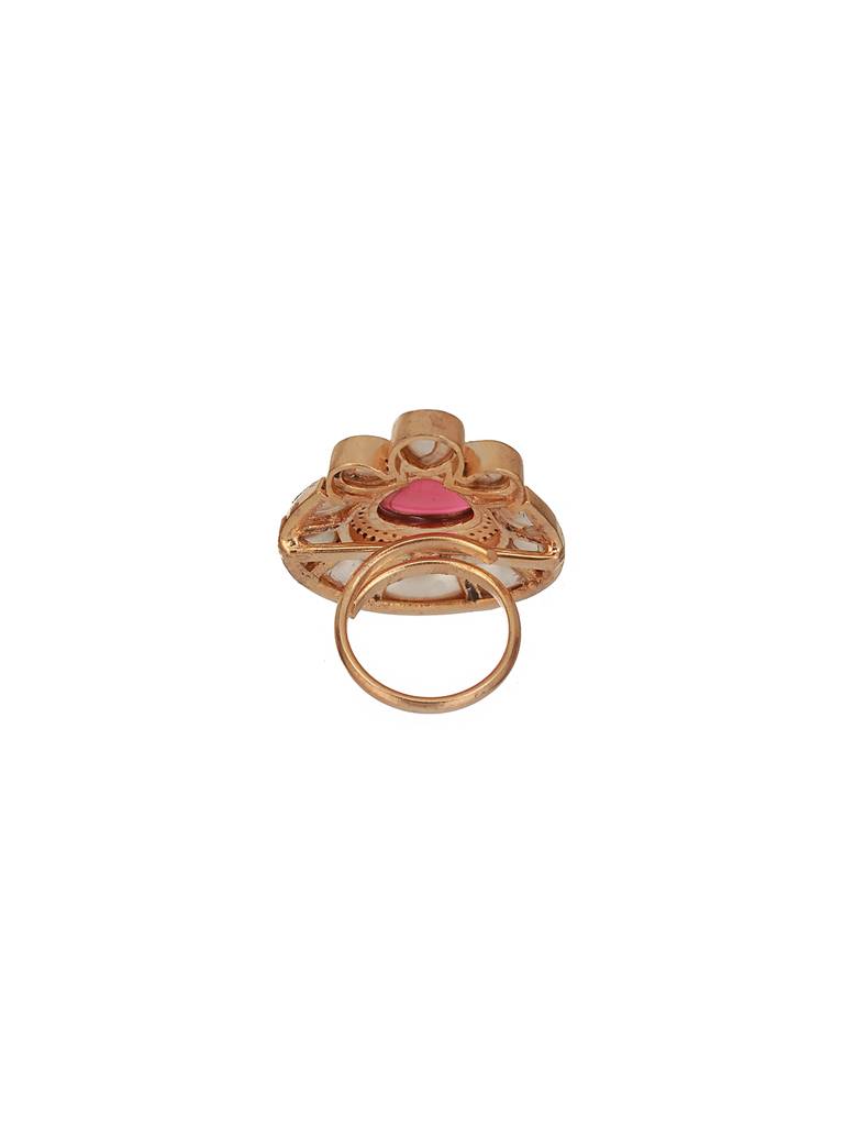 Gold Toned Red Polki Kundan Luxe Adjustable Engagement Finger Ring : SJRG2335