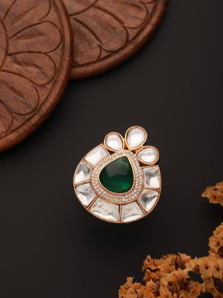Gold Polish Green Polki Kundan Designer Adjustable Engagement Finger Ring : SJRG2336