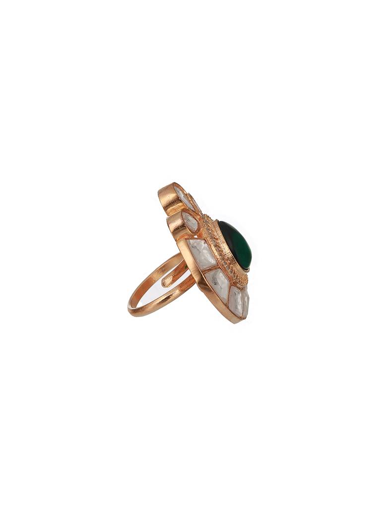 Gold Polish Green Polki Kundan Designer Adjustable Engagement Finger Ring : SJRG2336