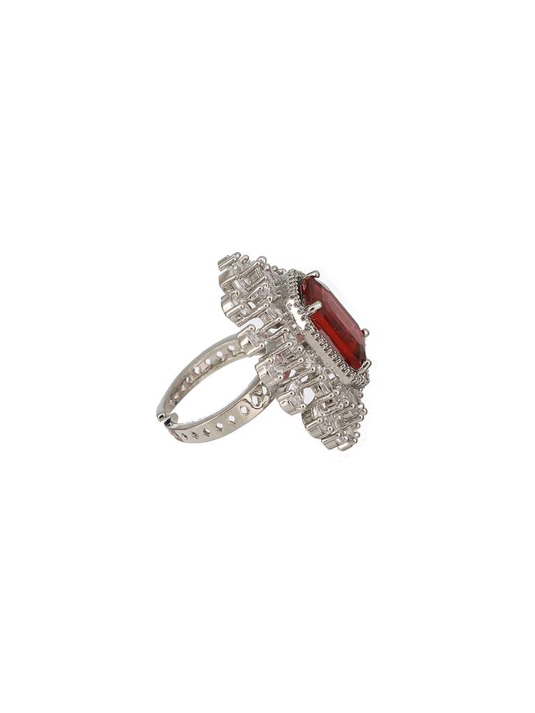 Silver Plated Red Cz Studded Designer Adjustable Cocktail Finger Ring : SJRG2338