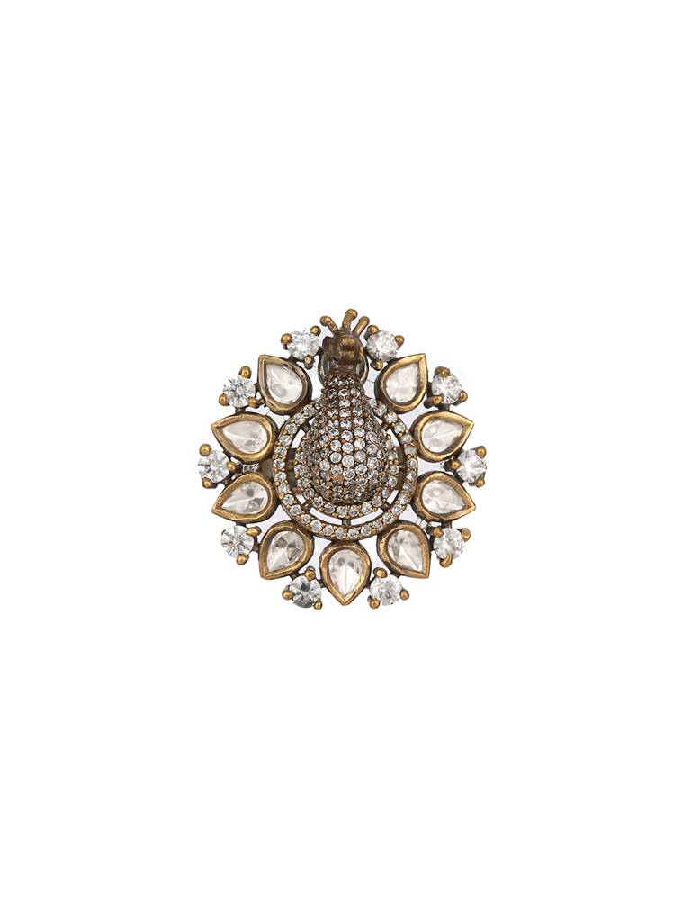 Black Gold Plated Ad Kundan Peacock Finger Ring : SJRG2339