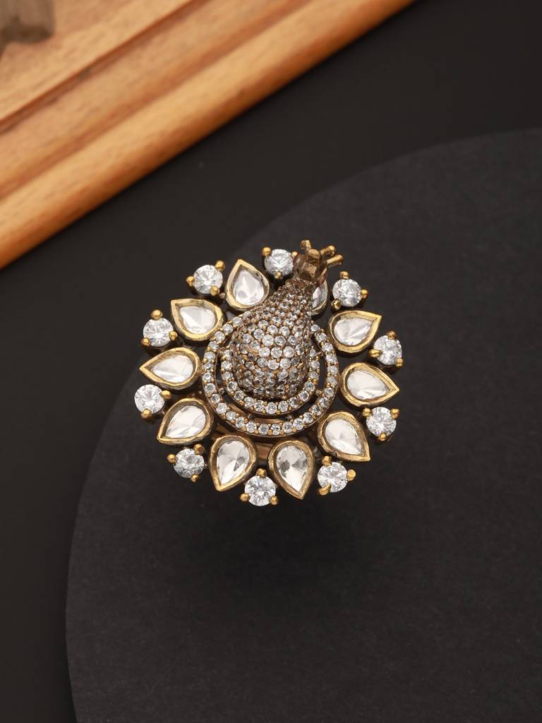 Black Gold Plated Ad Kundan Peacock Finger Ring : SJRG2339