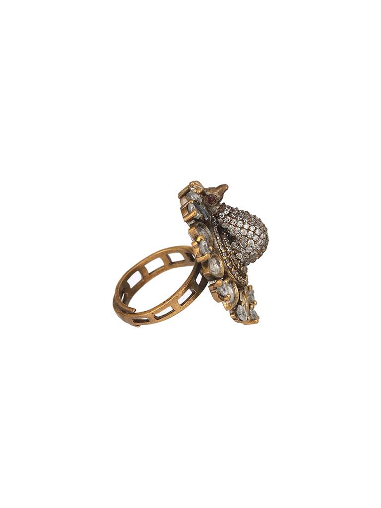 Black Gold Plated Ad Kundan Peacock Finger Ring : SJRG2339