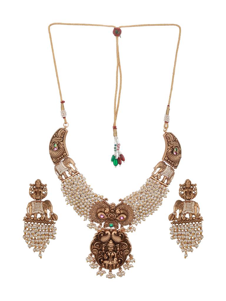 Gold Toned Pearl Cluster Elephant Statement Choker Jewellery Set : SJNK2341