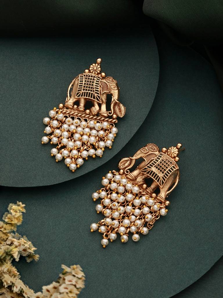 Gold Plated Pearl Beaded Temple Eleplant Motif Designer Earrings : SJER2342